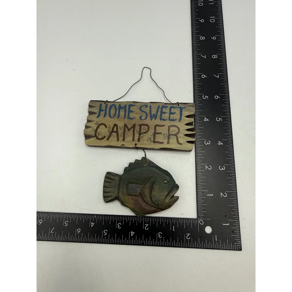 Vintage Rustic Wood Home Sweet Camper Sign Hanging Fish Cabin Decor Hand Painted